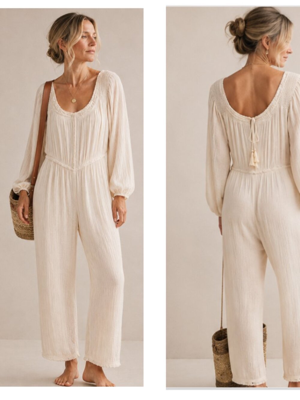 Free People Ivory Rayon Gauze Jumpsuit Wide Leg Tassel Back Boho Sz M